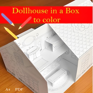 Printable Paper Dollhouse in an Box - Coloring Activity  - PDF Instant Download
