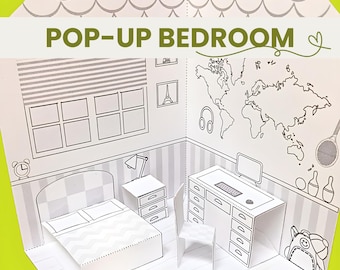 Camera da letto della casa delle bambole stampabile, stanza pop-up, attività da colorare, download immediato del PDF