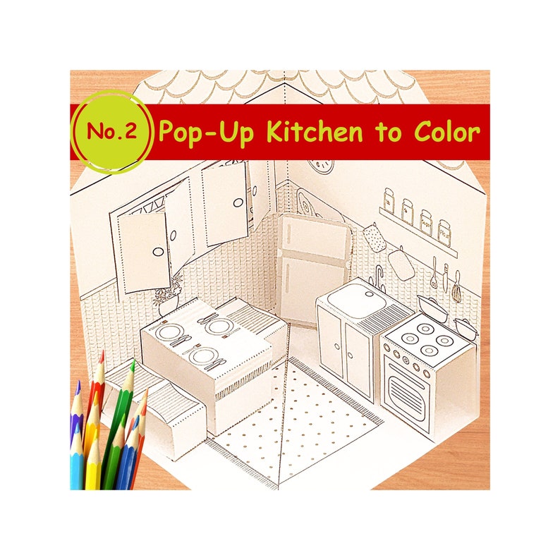 DIY Printable Paper Pop-Up Kitchen No.2 to Color & Assemble/Kids 3D Paper Craft Activity zdjęcie 1
