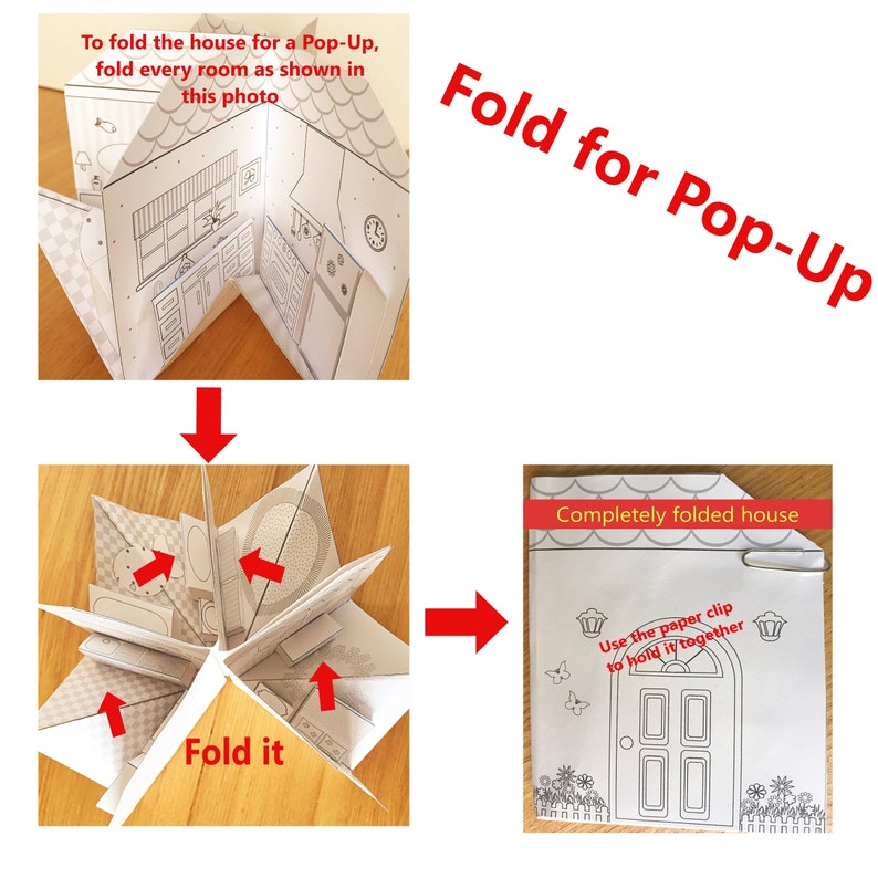 DIY Printable Paper Pop-Up Dollhouse No. 1 w/Kitchen, Bathroom, Livingroom, Bedroom/3D Project image 9