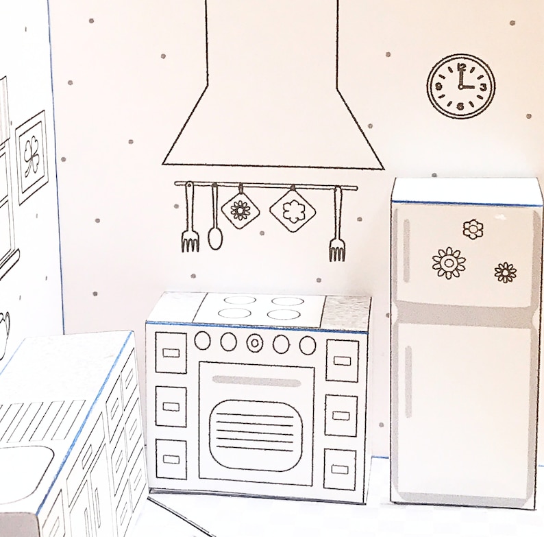 DIY bedruckbare Pop-up-Küche aus Papier Nr. 1 zum Ausmalen und Zusammenbauen/3D-Papierbastelprojekt für Kinder Bild 4