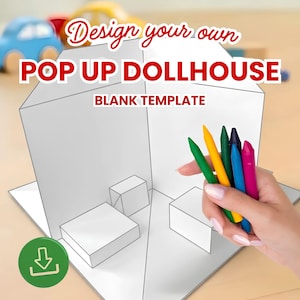 Może przedstawiać: Pusty szablon papierowego domku dla lalek typu pop-up z czarnymi konturami, zawierający trójwymiarowe kształty mebli z papieru. Tekst głosi Design your own POP UP DOLLHOUSE BLANK TEMPLATE. Dłoń trzyma pięć kolorowych kredek woskowych.