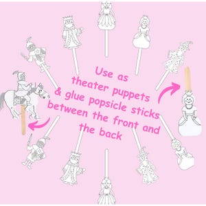Various black-and-white medieval paper puppet figures arranged in a circle on a pink background with text explaining how to glue them onto popsicle sticks for theater puppets.