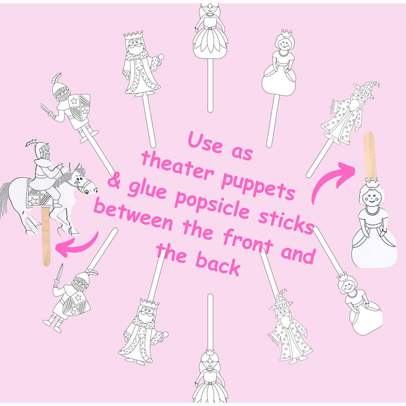 Various black-and-white medieval paper puppet figures arranged in a circle on a pink background with text explaining how to glue them onto popsicle sticks for theater puppets.