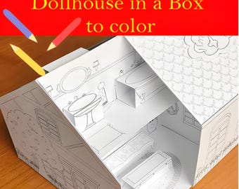 Printable Paper Dollhouse in an Box - Coloring Activity  - PDF Instant Download