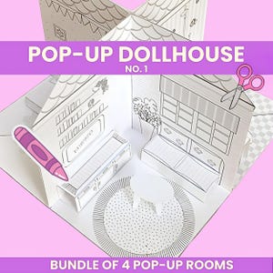 DIY-poppenhuispakket met 4 pop-upkamers, kleur en montage, direct te downloaden