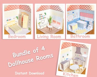 Kit stampabile per casa delle bambole con 4 stanze da assemblare - Download immediato di file PDF