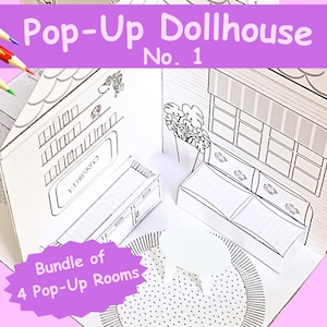 Pop-Up Dollhouse Coloring Kit with 4 Rooms to Assemble, Instant Download