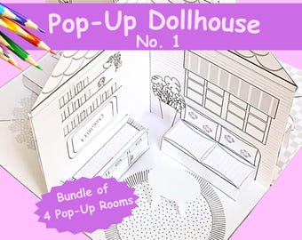 Pop-up kleurplaat poppenhuis met 4 kamers om in elkaar te zetten, direct te downloaden