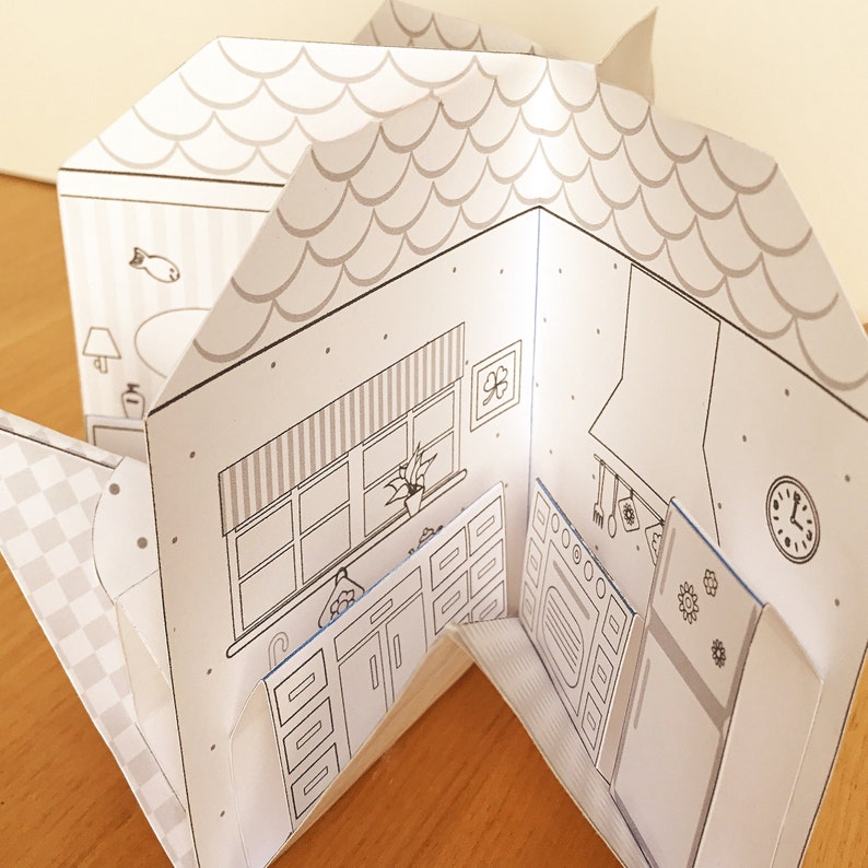 DIY Printable Paper Pop-Up Dollhouse No. 1 w/Kitchen, Bathroom, Livingroom, Bedroom/3D Project image 8