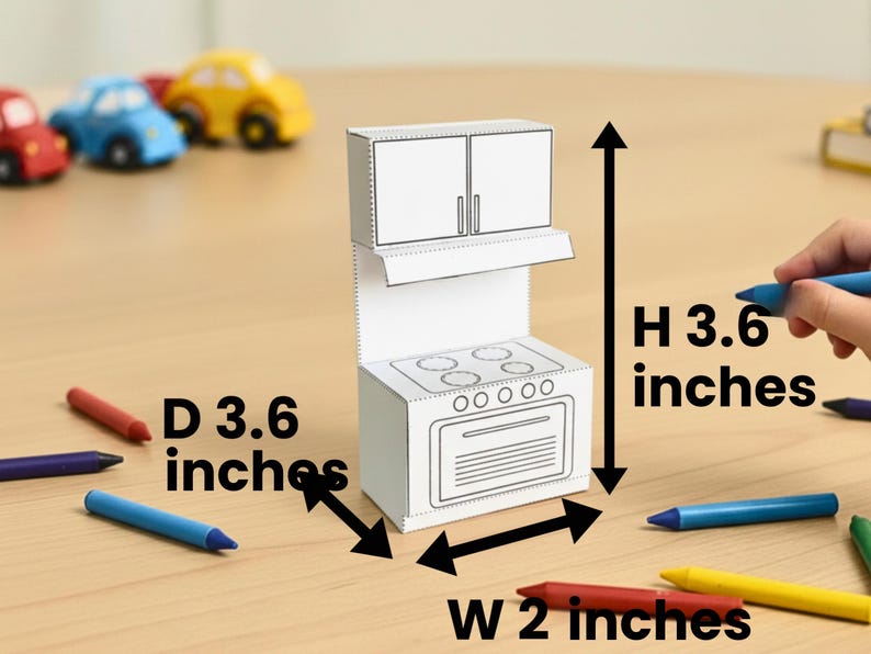 A papercraft miniature stove and upper cabinet unit with height, width, and depth measurements shown by arrows.