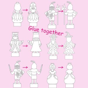 Instructions on a pink background showing front and back outlines of princess, knight, king, and wizard puppet templates with arrows pointing to show how to glue them together.