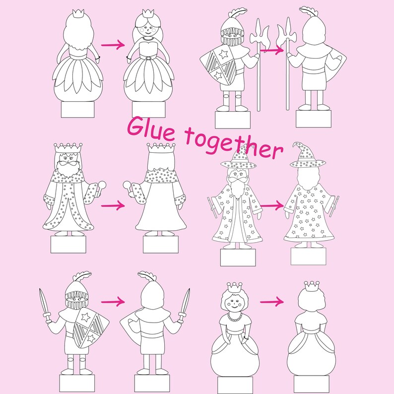 Instructions on a pink background showing front and back outlines of princess, knight, king, and wizard puppet templates with arrows pointing to show how to glue them together.