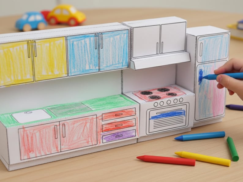 A child's hand colors a paper craft miniature kitchen, with sections already colored red, blue, green, and yellow, and crayons scattered around.