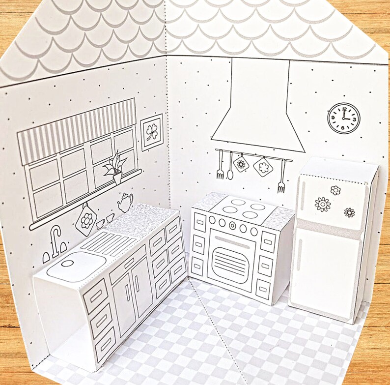 DIY Printable Paper Pop-Up Kitchen NO. 1 to Color & Assemble/Kids 3D Paper Craft Project image 3