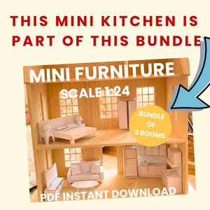 A promotional image of a dollhouse interior showing miniature furniture with text stating this mini kitchen is part of a bundle.