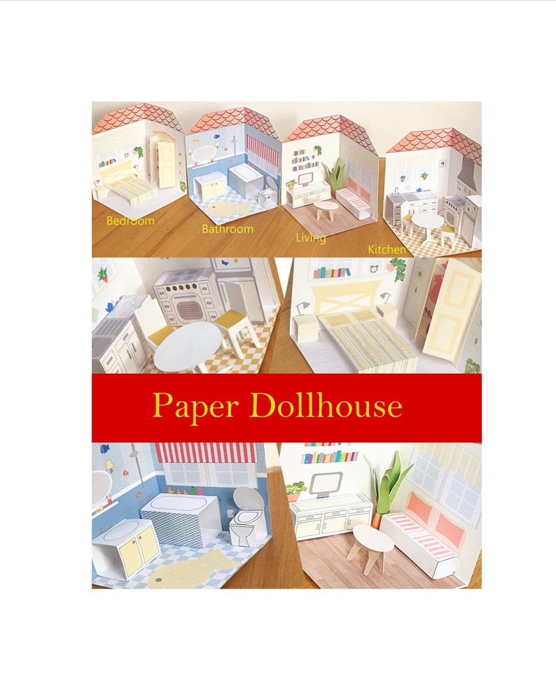 Kit de création de maison de poupée en papier imprimable bricolage avec chambre, salon, salle de bain, cuisine/projet 3D pour enfants image 1