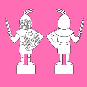 Front and back outlines of a knight in armor holding a sword and a shield with a star design on a pink background.