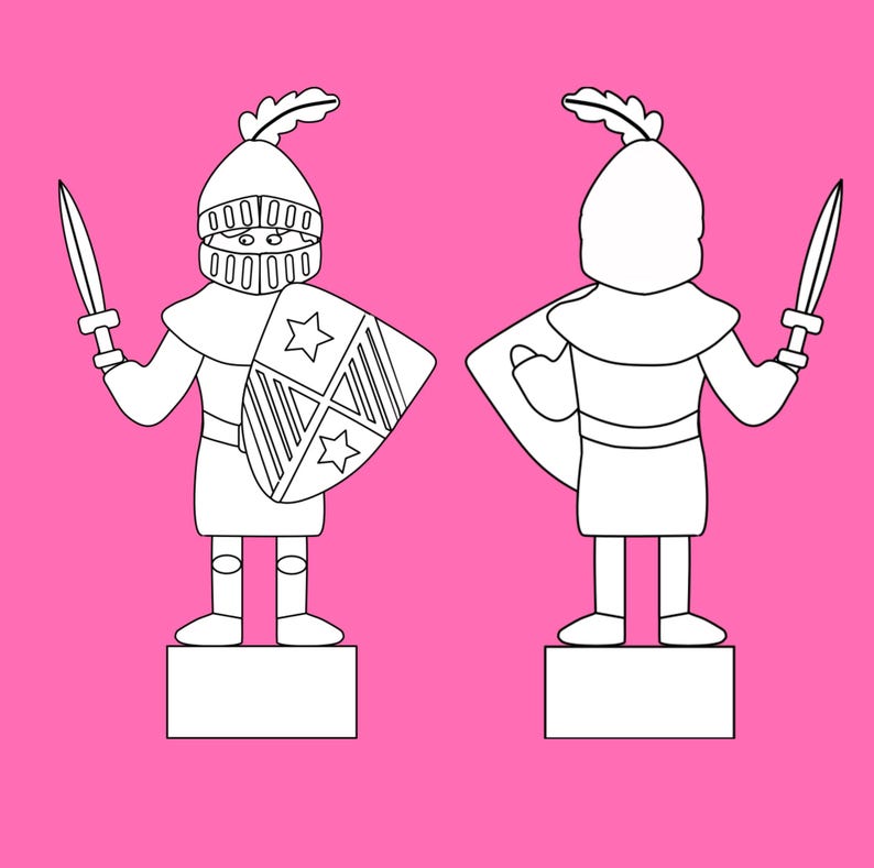 Front and back outlines of a knight in armor holding a sword and a shield with a star design on a pink background.