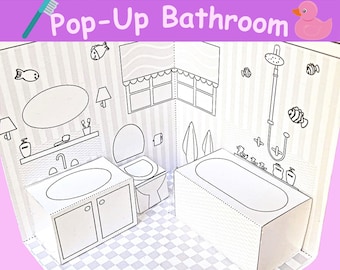 Badkamer pop-up pop-up poppenhuis om af te drukken, in te kleuren en in elkaar te zetten - pdf-bestand direct te downloaden