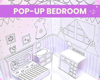 Pop Up Bedroom, Dollhouse Mini Room, Coloring Activity, PDF Instant Download