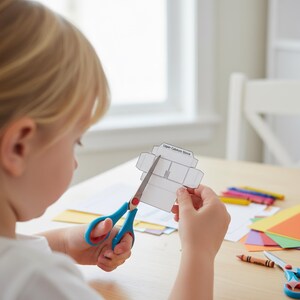 A child's hands cut out a paper craft piece labeled "Upper Cabinets Stove" with blue-handled scissors.