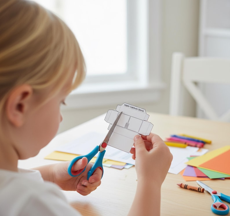 A child's hands cut out a paper craft piece labeled "Upper Cabinets Stove" with blue-handled scissors.