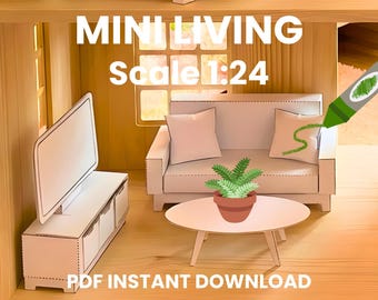 Puppenhaus-Bastelset, ausdruckbare Miniatur-Sofagarnitur im Maßstab 1:24, PDF-Download