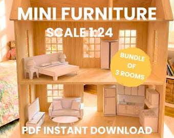 DIY Dollhouse Mini Furniture, Miniature Kit - 1:24 Scale Kitchen, Bedroom & Living Room