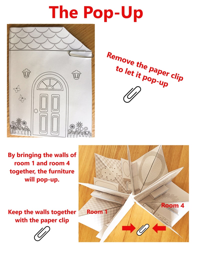 DIY Printable Paper Pop-Up Dollhouse No. 1 w/Kitchen, Bathroom, Livingroom, Bedroom/3D Project zdjęcie 10