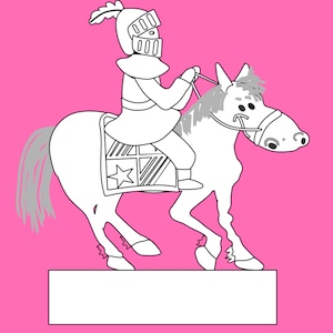 A black-and-white outline of a knight in a feathered helmet riding a horse on a pink background.