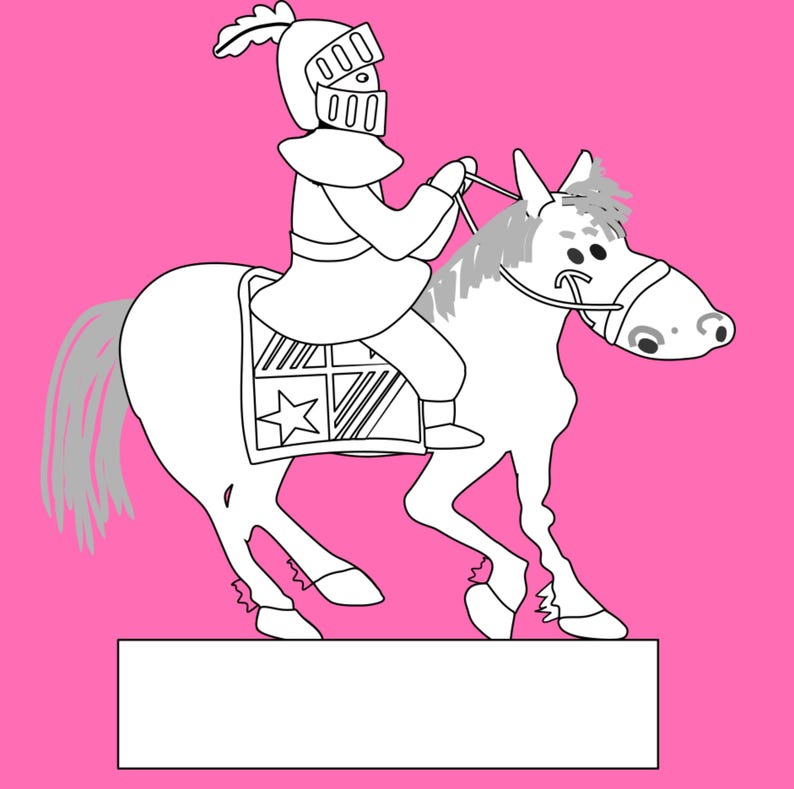 A black-and-white outline of a knight in a feathered helmet riding a horse on a pink background.