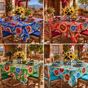 May include: A square tablecloth featuring a vibrant floral pattern with large stylized flowers in shades of red, orange, yellow, and blue on a solid background, displayed on a wooden table with matching chairs and a centerpiece of sunflowers.