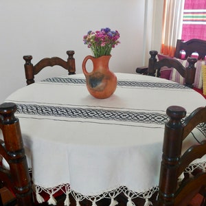 White & Black Cotton Mexican Tablecloth - Various Sizes