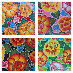 May include: Four different fabric swatches with floral patterns. Each swatch features a different background color: red, pink, brown, and green. The flowers are yellow, orange, and red with green leaves.