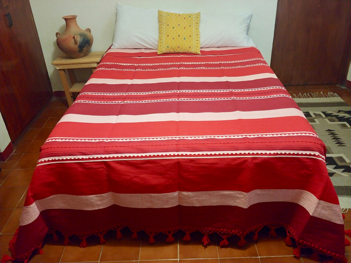 Mexican Bedspread in Red with Embellished Stripes Various | Etsy