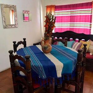 Blue Striped Cotton Mexican Tablecloth - Various Sizes
