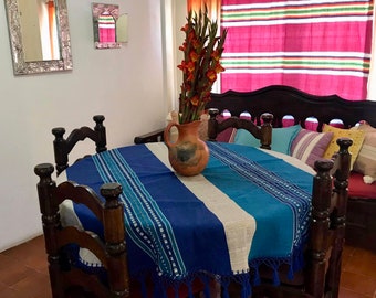 Blue Striped Cotton Mexican Tablecloth - Various Sizes