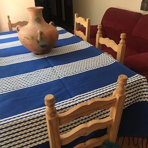 Blue, Black, & White Cotton Mexican Tablecloth - Various Sizes