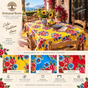 May include: A rectangular oilcloth tablecloth featuring a vibrant yellow background with a repeating pattern of red, pink, and blue flowers. The collection includes three color variations: yellow, blue, and red floral prints, all designed for durability.