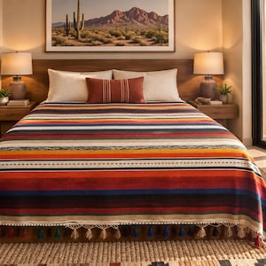 May include: A bedspread featuring horizontal stripes in shades of orange, red, blue, black, and cream, finished with a row of small, multi-colored tassels along the bottom edge. The textile is draped over a bed with two cream pillows and one red pillow.
