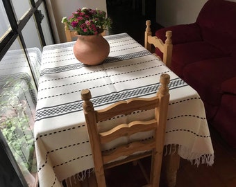 White & Black Cotton Mexican Tablecloth - Various Sizes