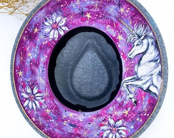 Unicorn and Flower Hat | Hand Painted Hat | Bohemian Accessories | Gift for Her | Wide Brim Hat | Witch Hat | Custom Painted Hat