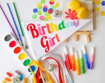 Birthday Party Pennant, Birthday Girl Flag, Rainbow Birthday Decor, Cake Topper, Birthday Photo Prop, Birthday Wand