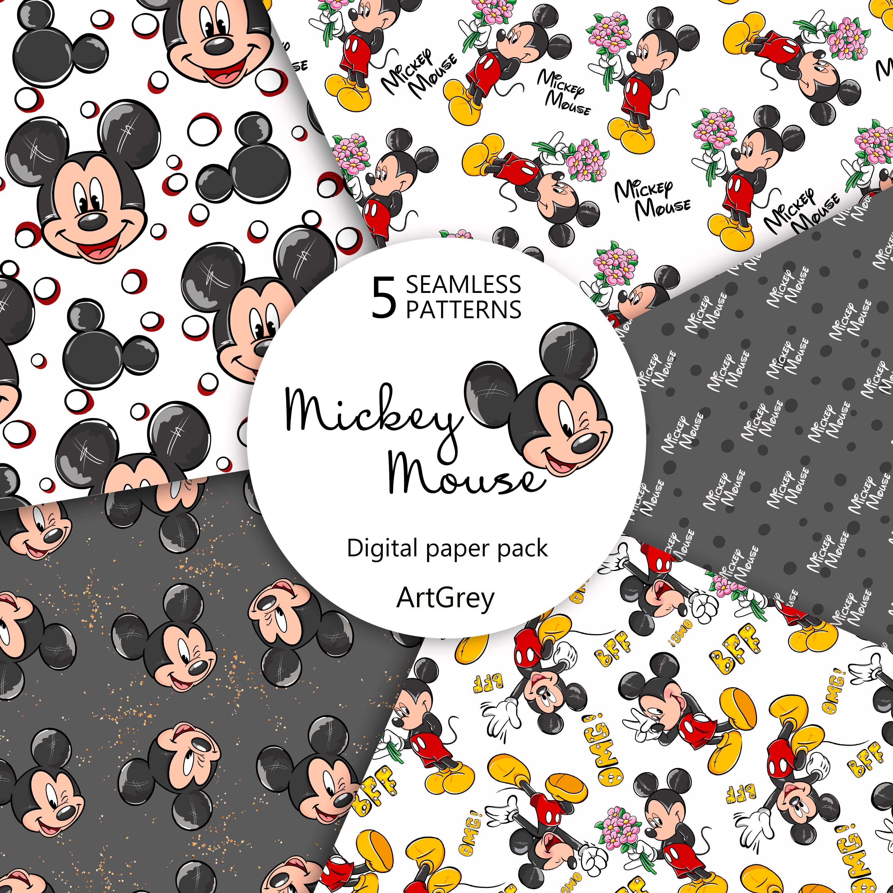 Mickey Mouse Seamless Pattern Archivos dibujados a mano Grey Etsy