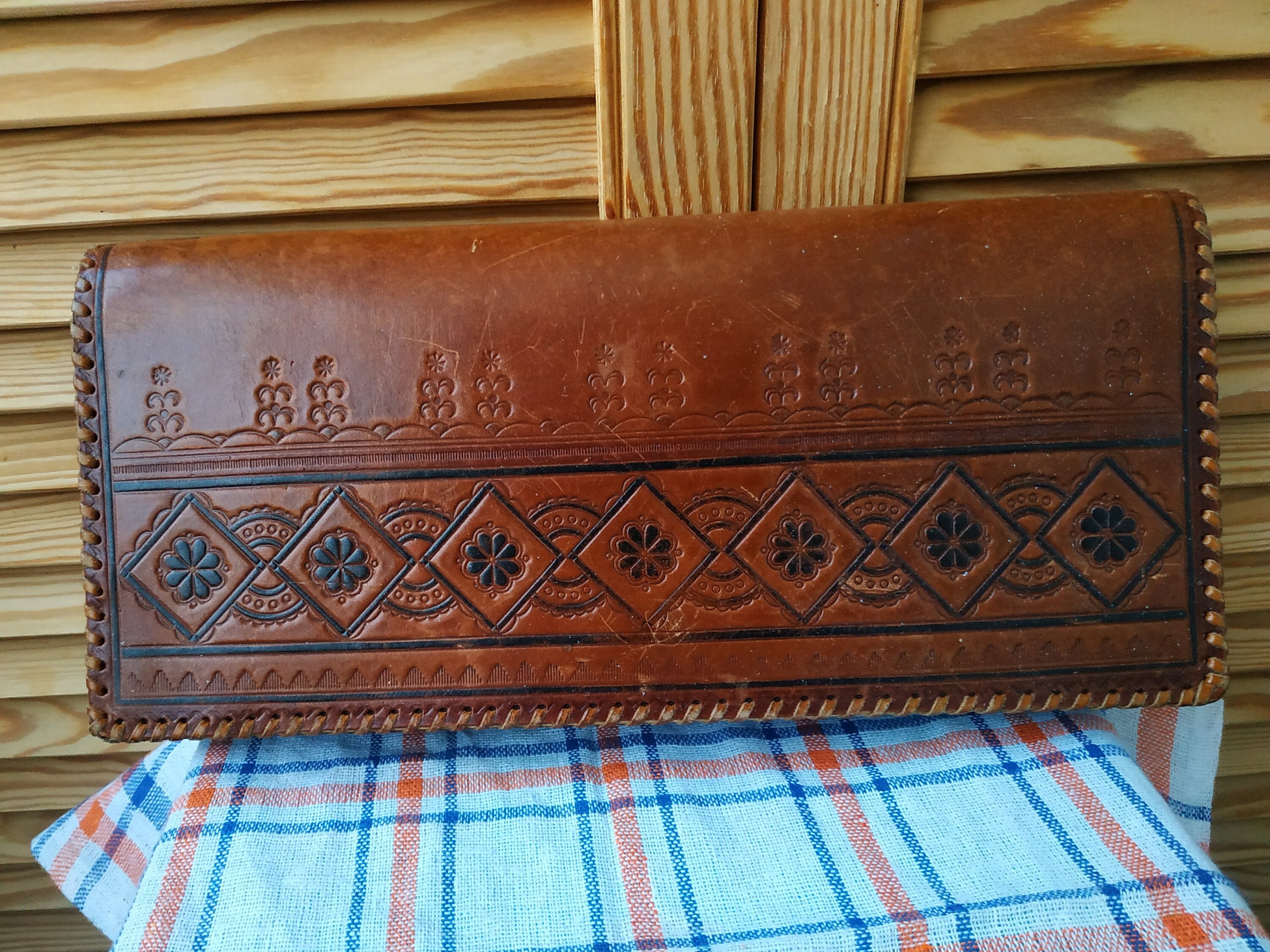 Vintage Latvian Leather Clutch with Ornamental Pattern.