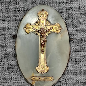 Antique bronze French crucifix wall Onyx plaque.