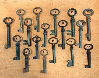 Puede incluir: Una colección de 17 llaves antiguas de diferentes tamaños y formas. Las llaves son de metal y tienen una pátina azul verdosa.