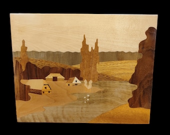 Vintage USSR Handcrafted Wood appliqué , Artistic inlay Picture Wall Decoration .