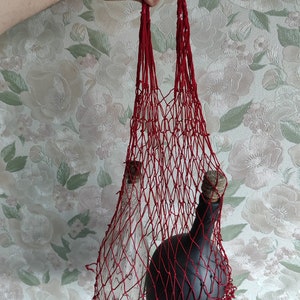May include: A red string mesh bag with two glass bottles inside. One bottle is clear and the other is dark brown.